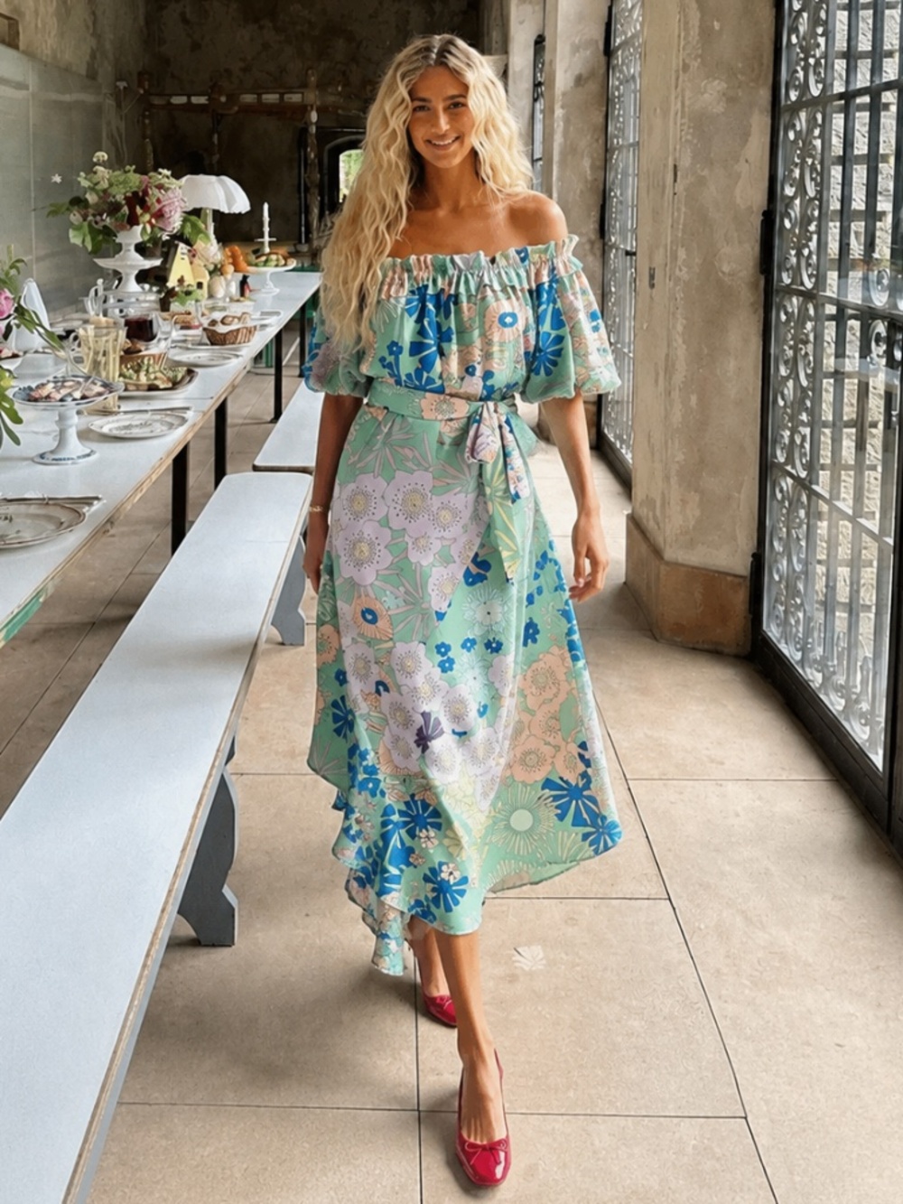 Anthropologie Oopscool Off The Shoulder Printed Floral Green Motiff Dress Sz M